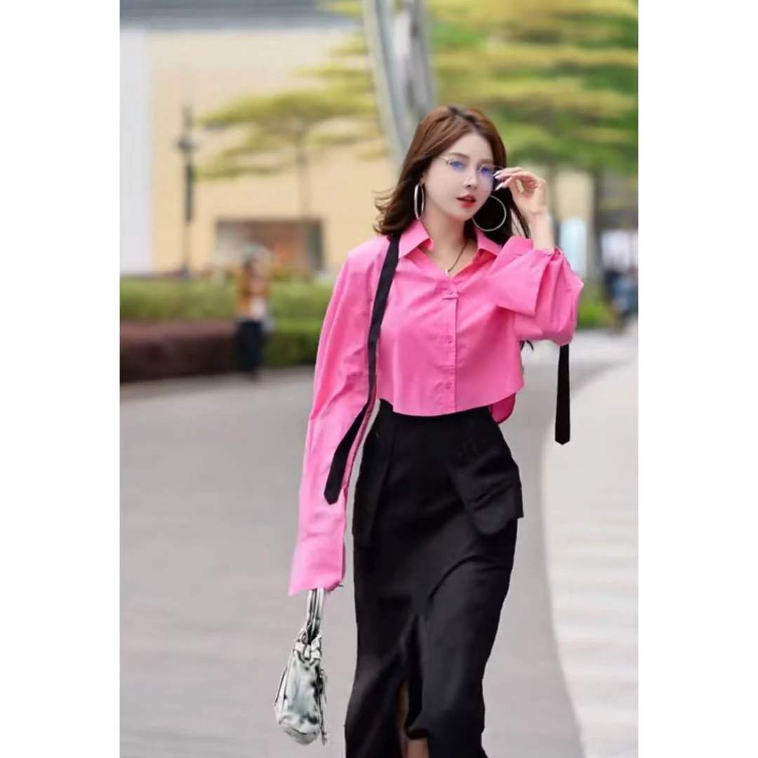 DACPAN-“拽姐学院”撞色领带短款衬衫 垫肩可拆 2025/盼·PP 9938