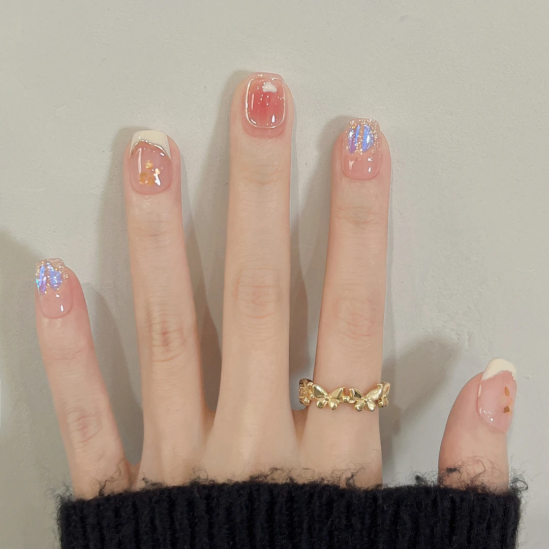 对钻恋人 手工穿戴甲裸色腮红贴钻法式金箔气质温柔显白美甲贴片