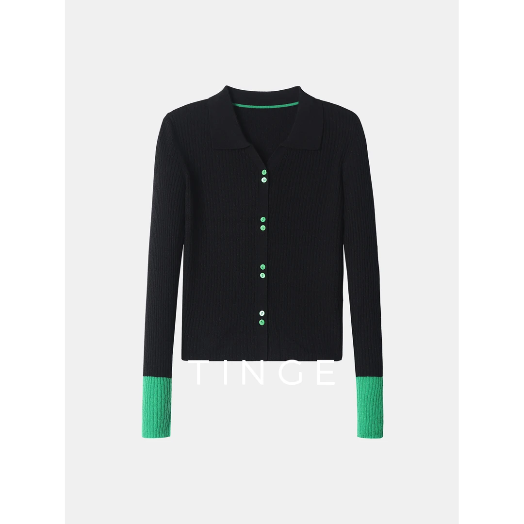 TINGE贴己POLO领撞色长袖针织衫