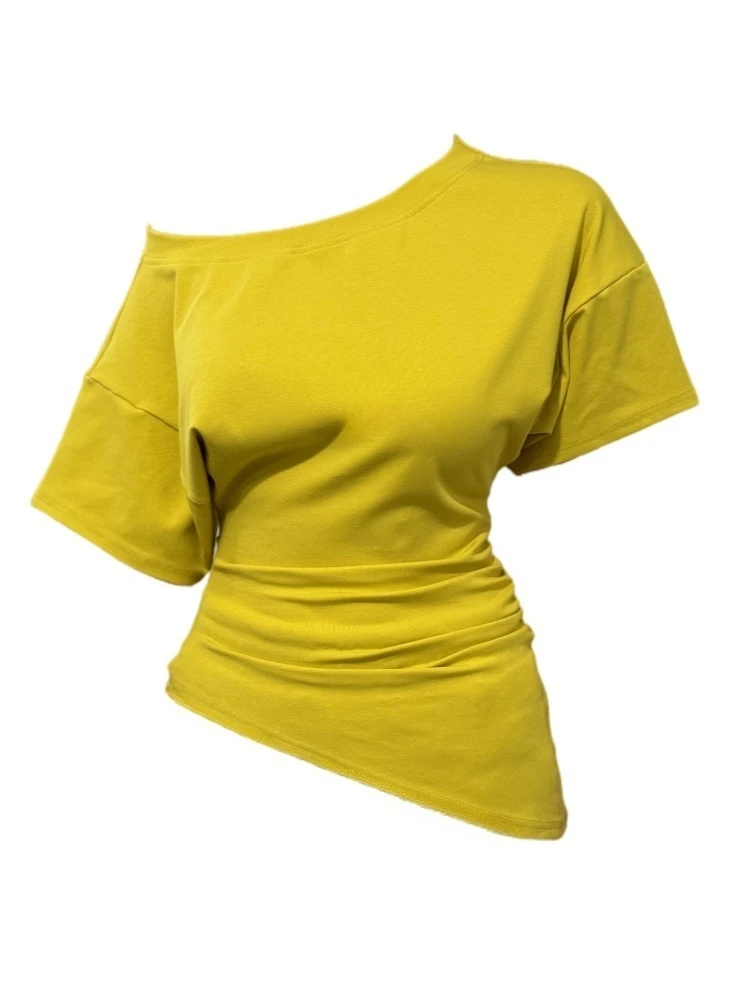 【Amy家】微胖mm纯欲风斜肩短袖T恤女设计感不规则褶皱显瘦辣妹上衣