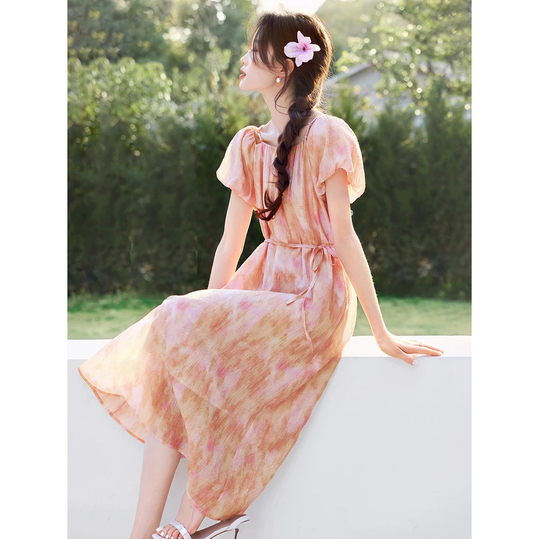 沫晗依美欧若风25夏季新款浪漫粉晕染印花度假风莱赛尔连衣裙0019