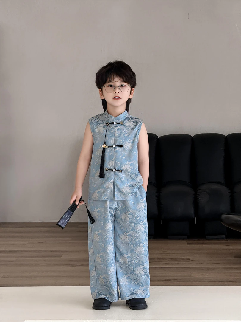 2025上新季夏款立领无袖马甲套装高定设计师系列蓝色花海25483