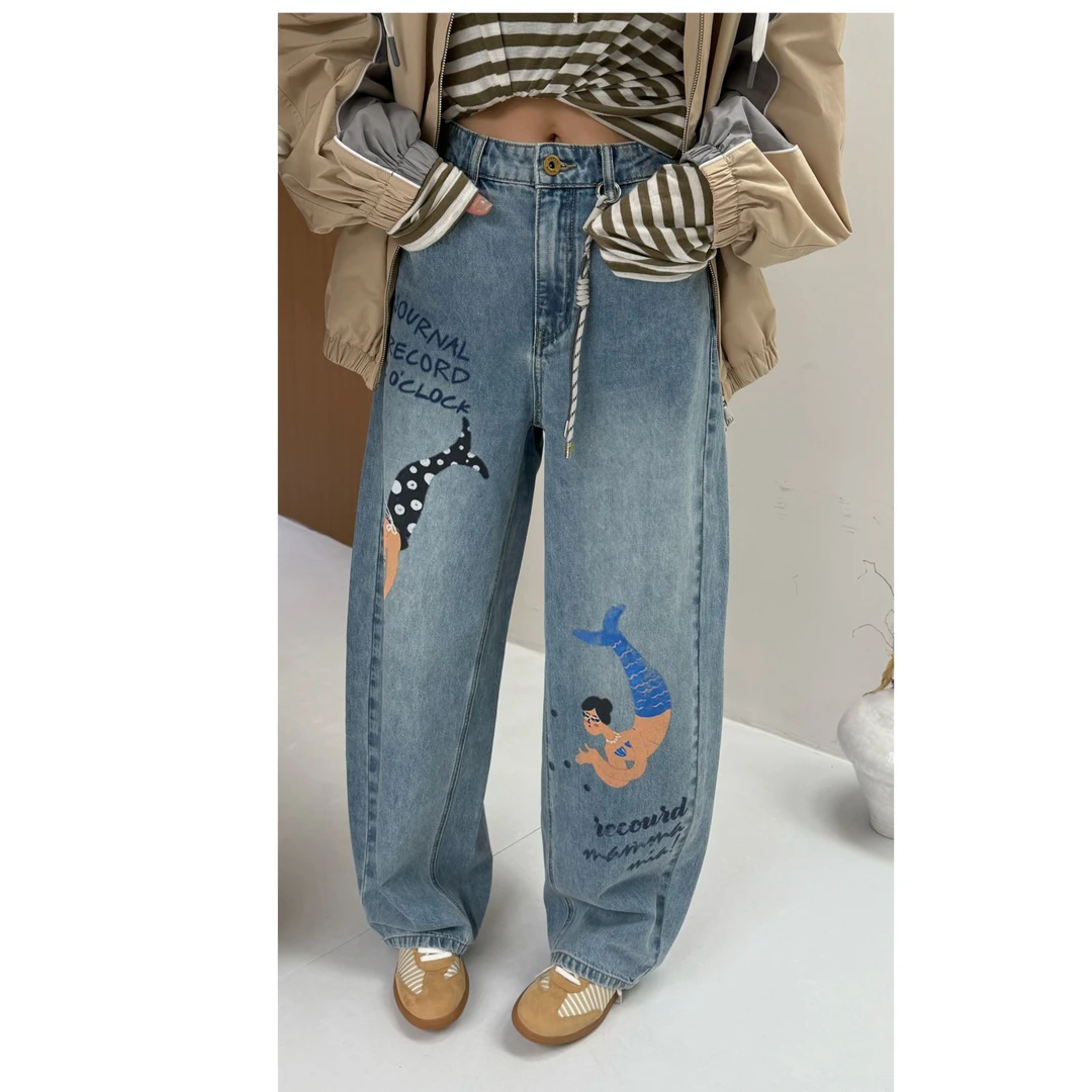 JOURNAL RECORD人鱼图案阔腿牛仔裤