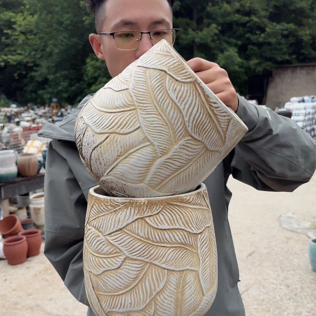 紫砂花盆口18高21（两个芭蕉叶柴烧复古白色