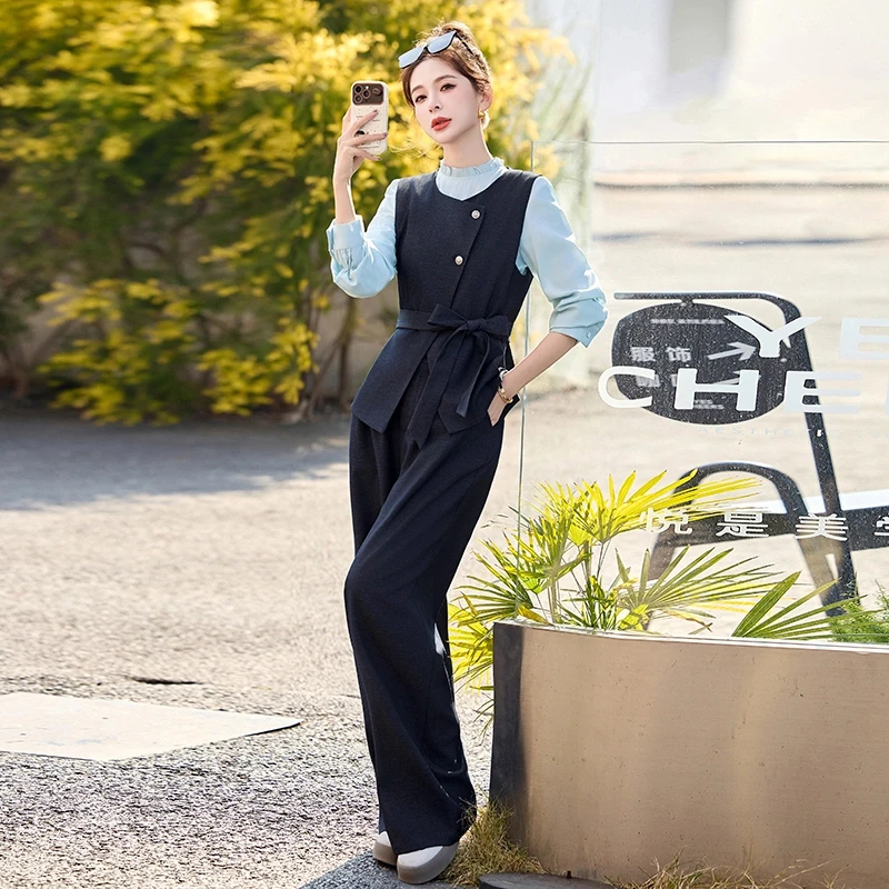 2025春季新款时尚气质显瘦长袖衬衣马甲高腰阔腿时尚套装女三件套