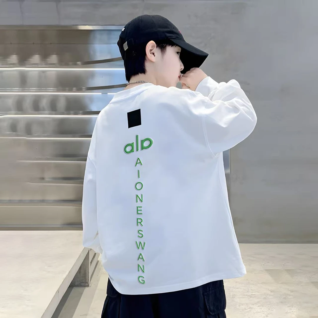 100棉男童秋装白色t恤长袖新款儿童打底衫春秋款中大童男孩秋季潮