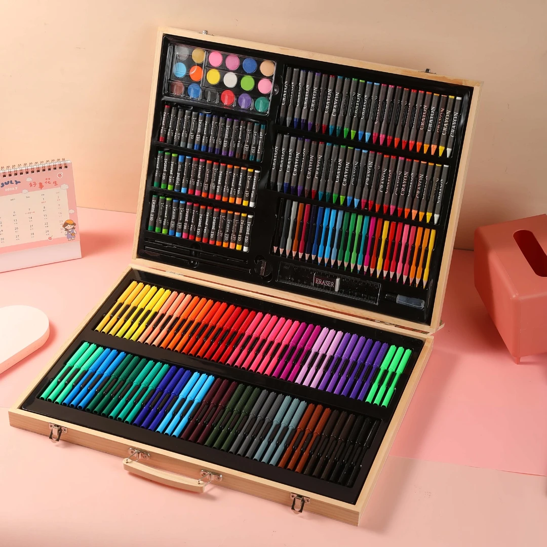 180件木盒绘画套装儿童水彩笔颜料美术专用画笔蜡笔彩铅学习YH