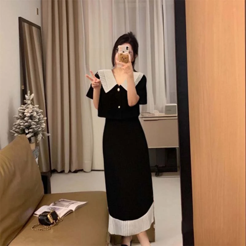 A【两件套】夏季微胖mm显瘦遮肉法式气质小香风短袖外套半身裙6790