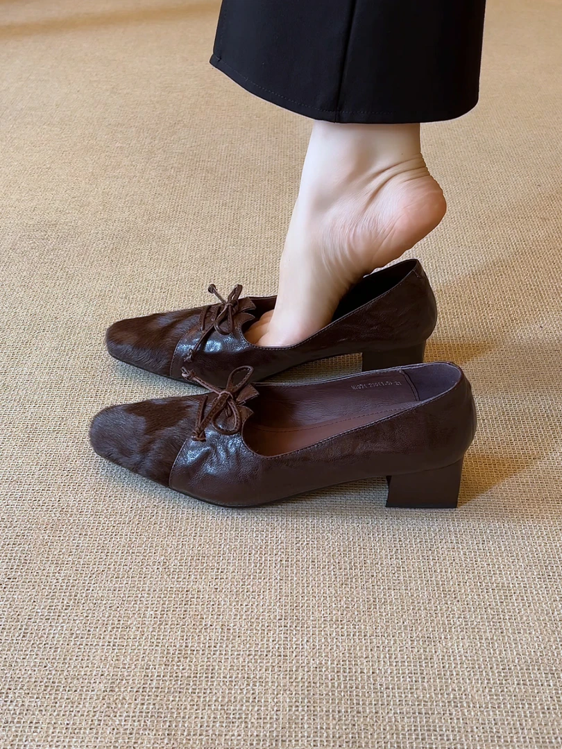 Elingjk/4cm小众方头拼接蝴蝶结浅口粗跟百搭复古风通勤单鞋