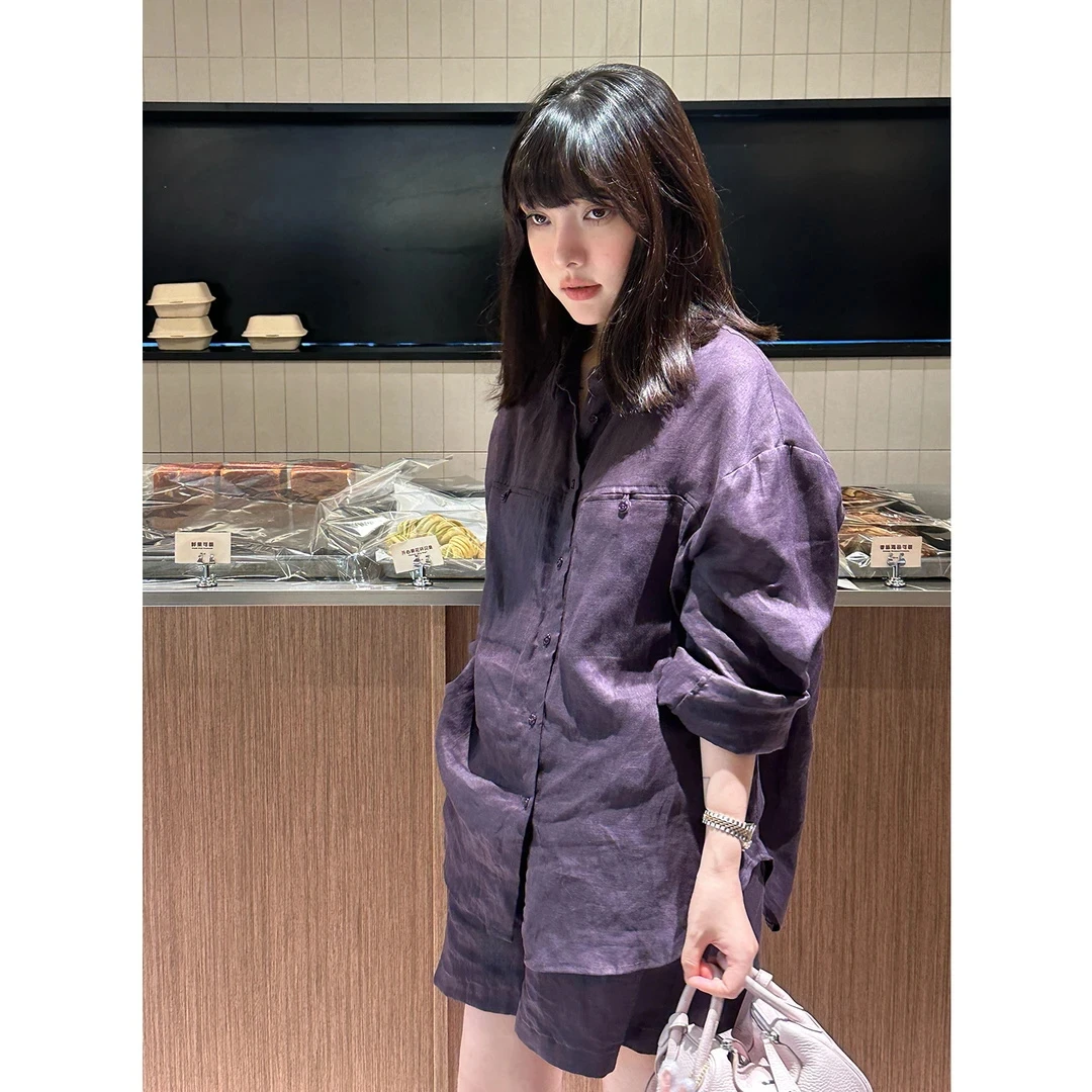 休闲紫色亚麻衬衫时尚套装女夏季高级简约薄款防晒上衣短裤两件套