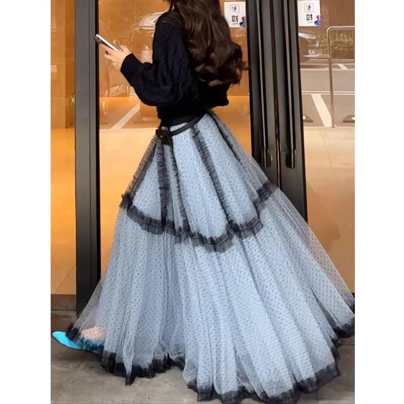 高级感拼接蓬蓬裙波点半身裙女早春长款松紧腰显瘦大摆a字长裙女