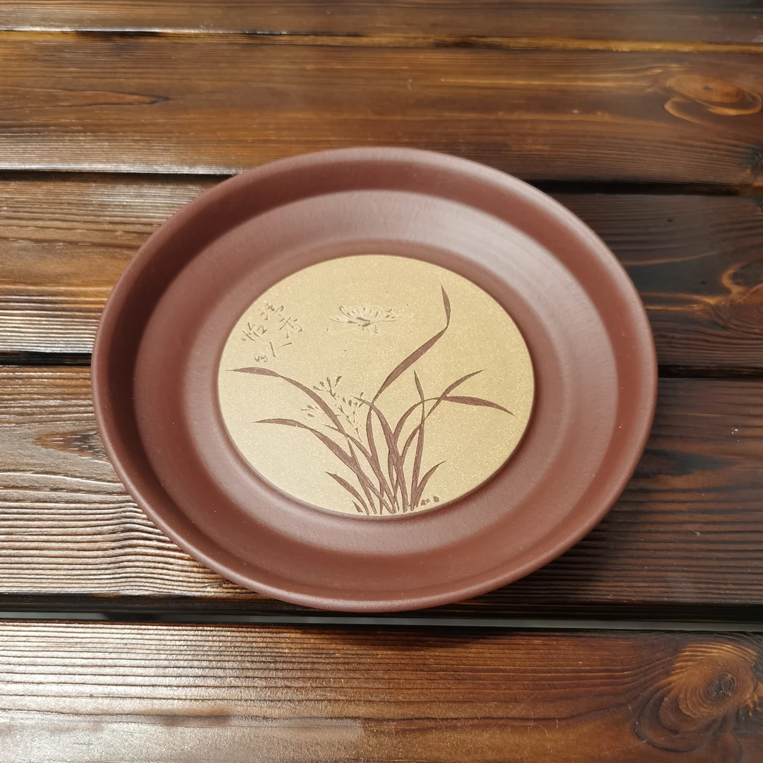 紫砂壶承干泡台兰花手工刻绘19.5cm