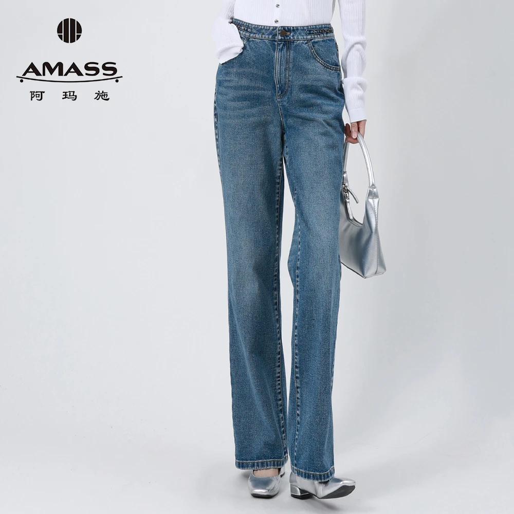 阿玛施AMASS春季新款时尚复古休闲裤链条砂洗喇叭牛仔裤女510011