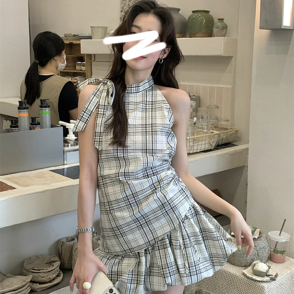 2025夏季立领蝴蝶结无袖不规则背心高腰花苞半身裙两件套装#Q028