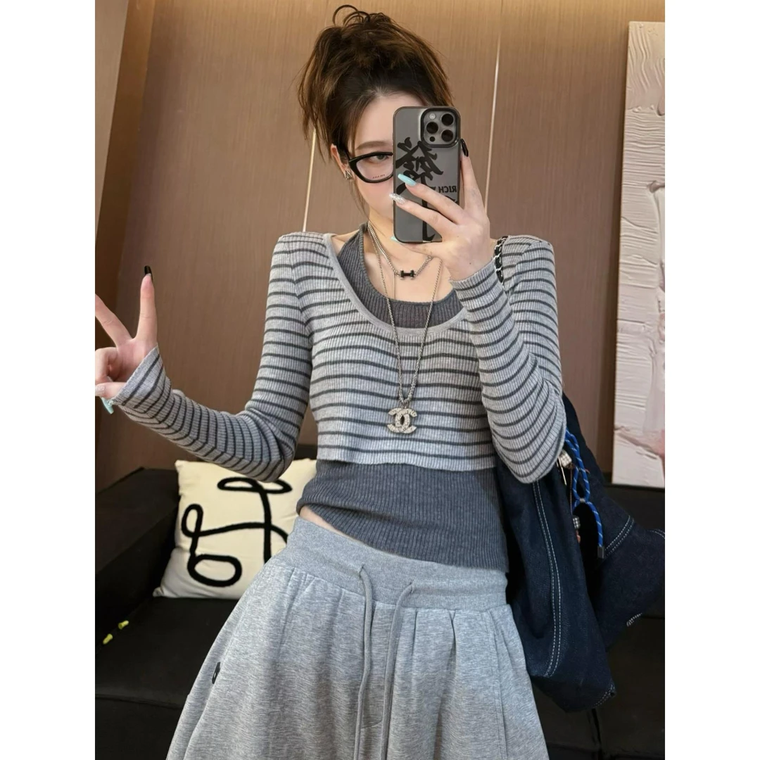 【L李】韩系设计感条纹长袖针织衫女早秋挂脖吊带背心上衣阔腿套装