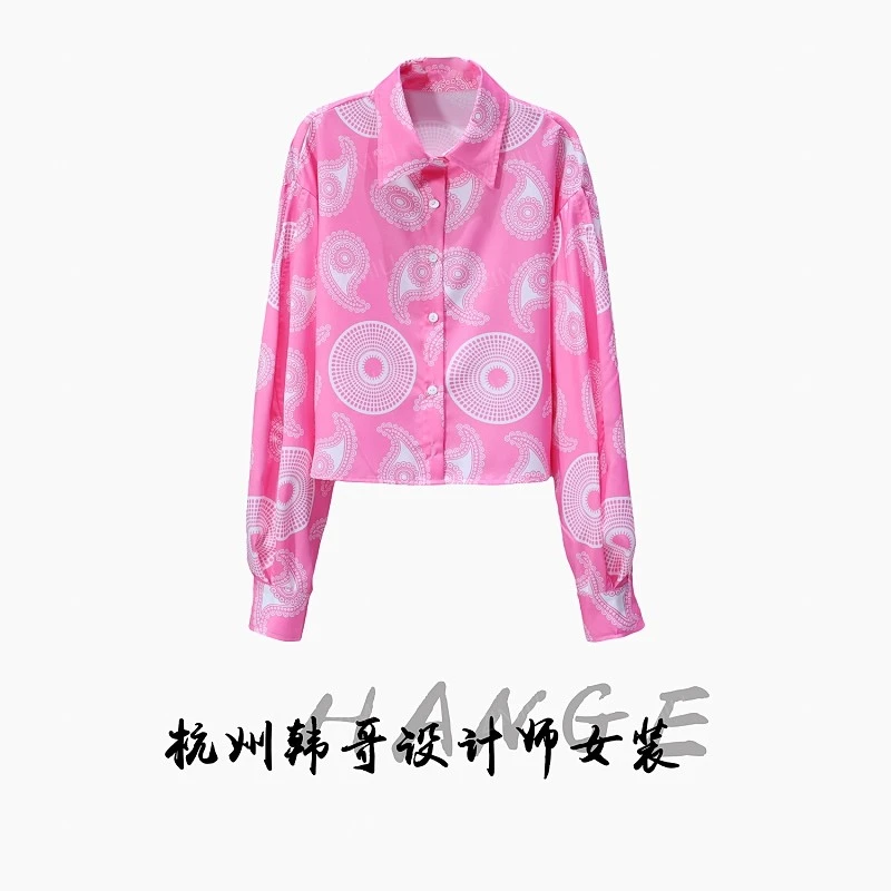 【韩哥女装】秋季欧版小众设计粉红色时尚印花扩版重工衬衫7125-Z5