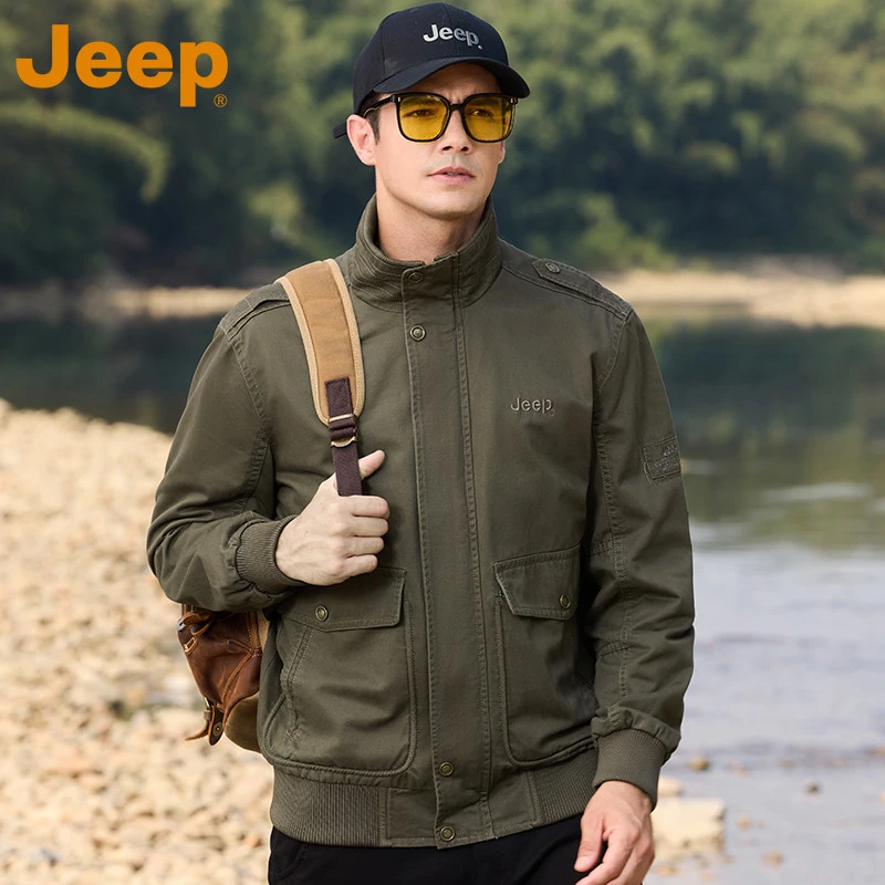 JEEP吉普纯棉立领夹克男士春季美式宽松青年休闲百搭外套男上衣服