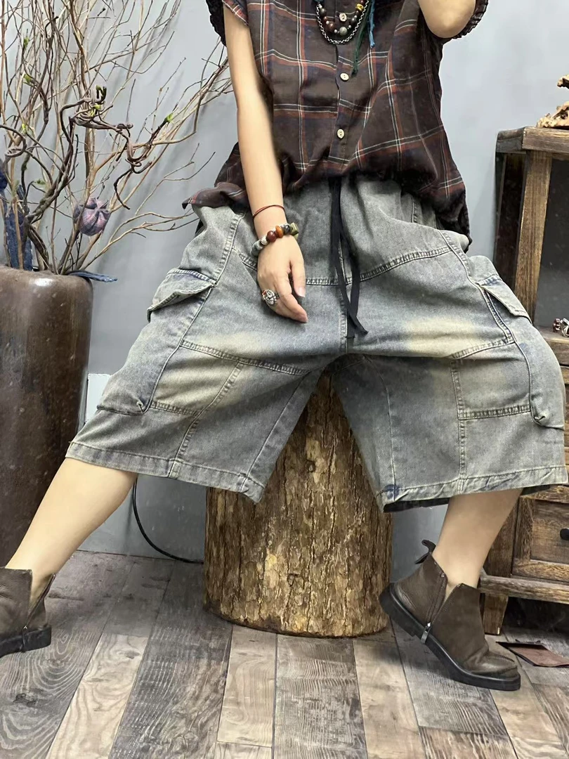 XJ 夏季新品短裤休闲百搭拼接大口袋工装女士裤子 臀围134长64