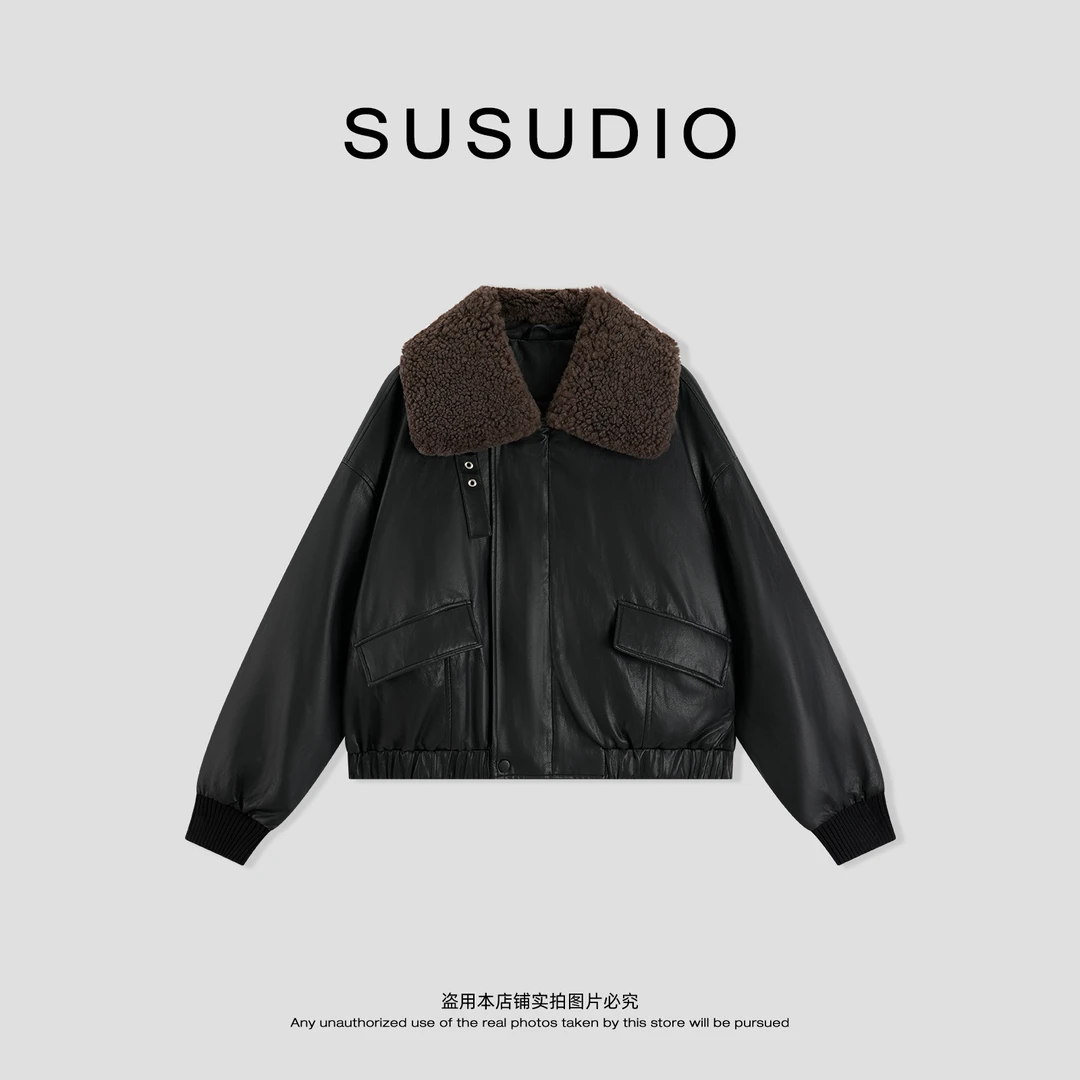 SUSUDIO金标白鹅绒系列 琥珀系羊毛毛领鹅绒内胆皮衣羽绒服 70355