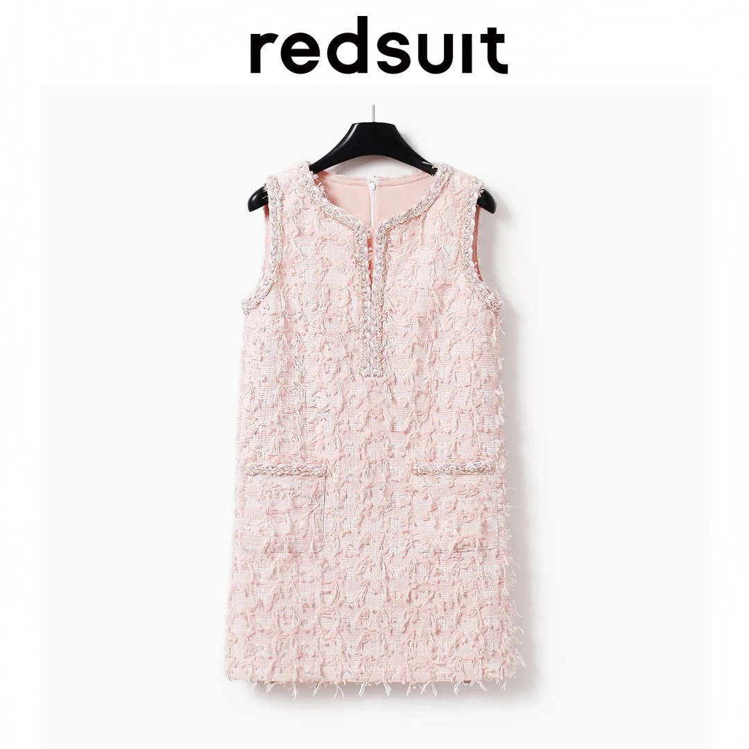 redsuit高奢优雅重工花边小香风浪漫蝴蝶纱粉色无袖小香风连衣裙