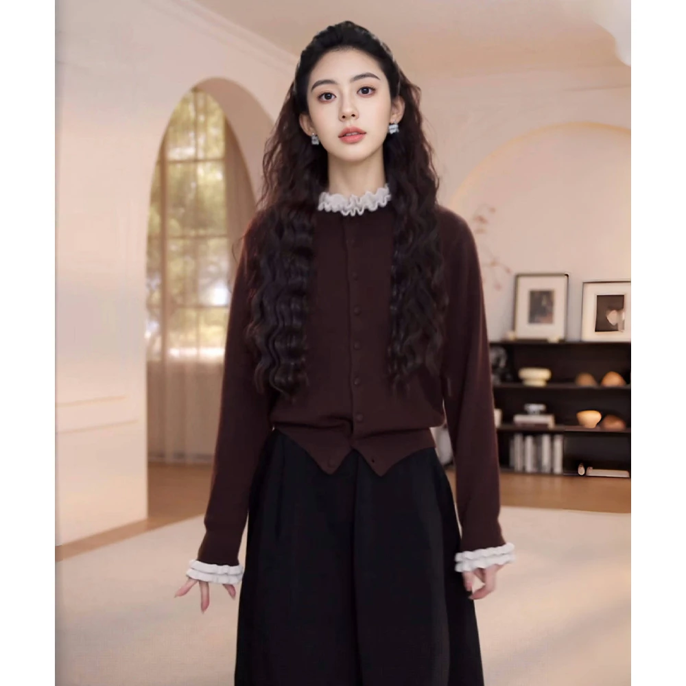 秋冬新款法式气质显瘦木耳边长袖开衫针织衫女小众高级感毛衣外套