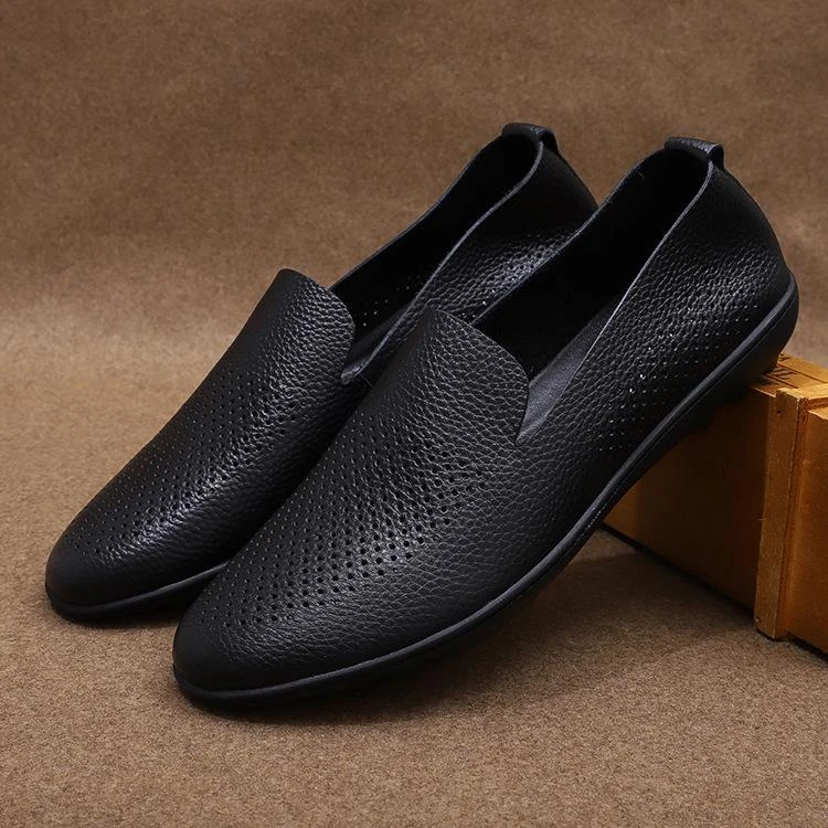 休闲皮鞋男夏季透气薄款皮凉皮鞋一脚蹬软底镂空打孔男鞋头层牛皮