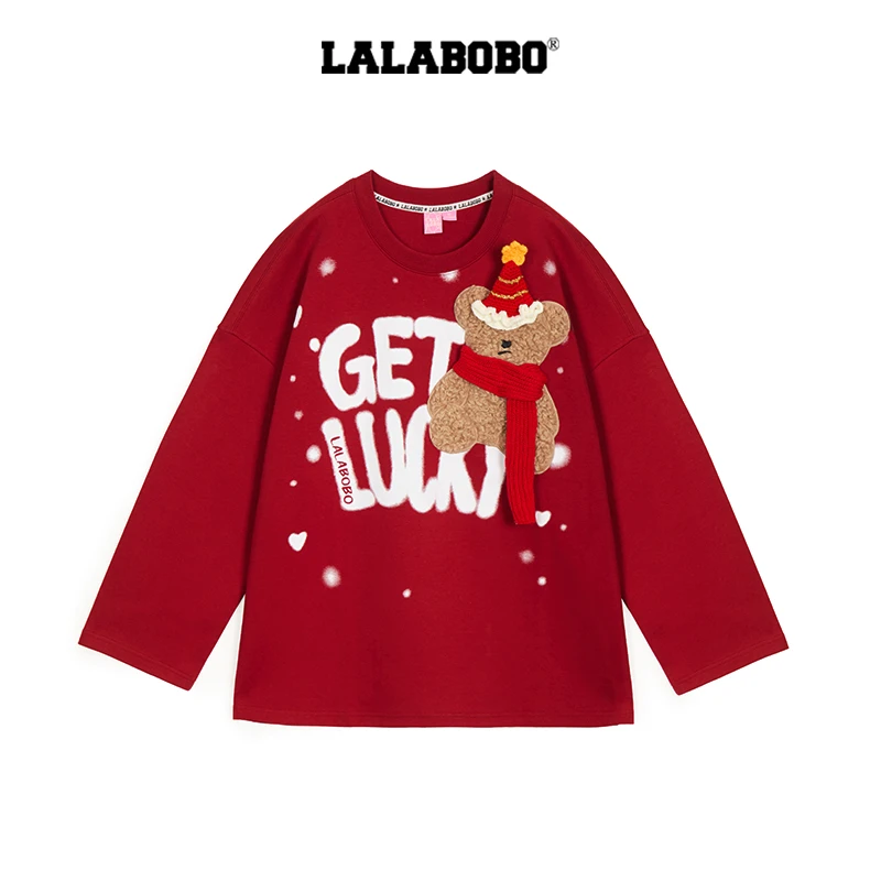 武汉圣诞节植绒小熊长袖2025新款中国红宽松卫衣RBEA-DT15