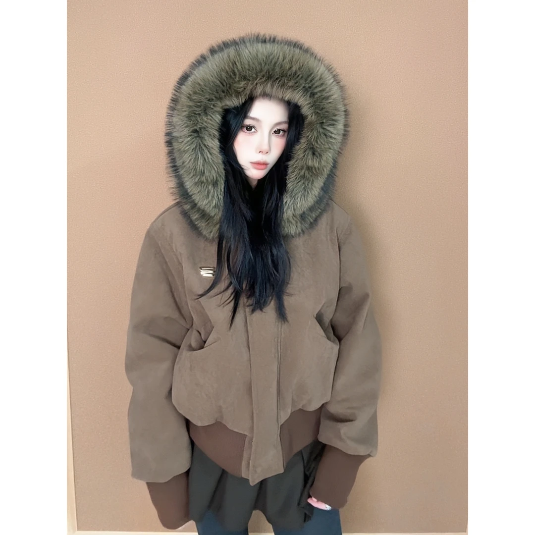 HIPA单品店onemomenty同款可脱卸棕色毛领外套棉服冬装短款上衣女