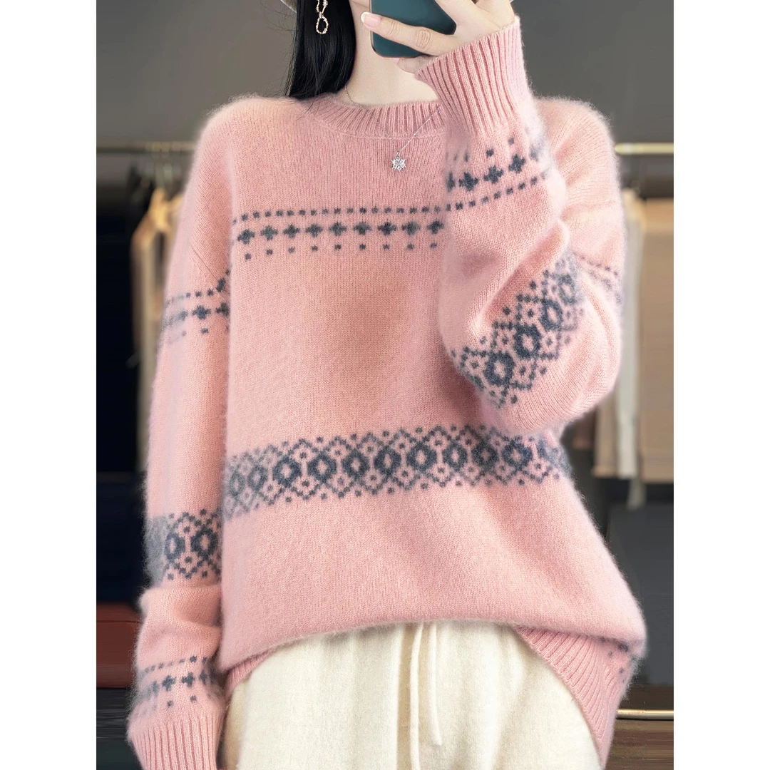 雅鹿优选100纯羊毛衫微胖mm秋冬特大码女士条纹毛衣高级感内搭针