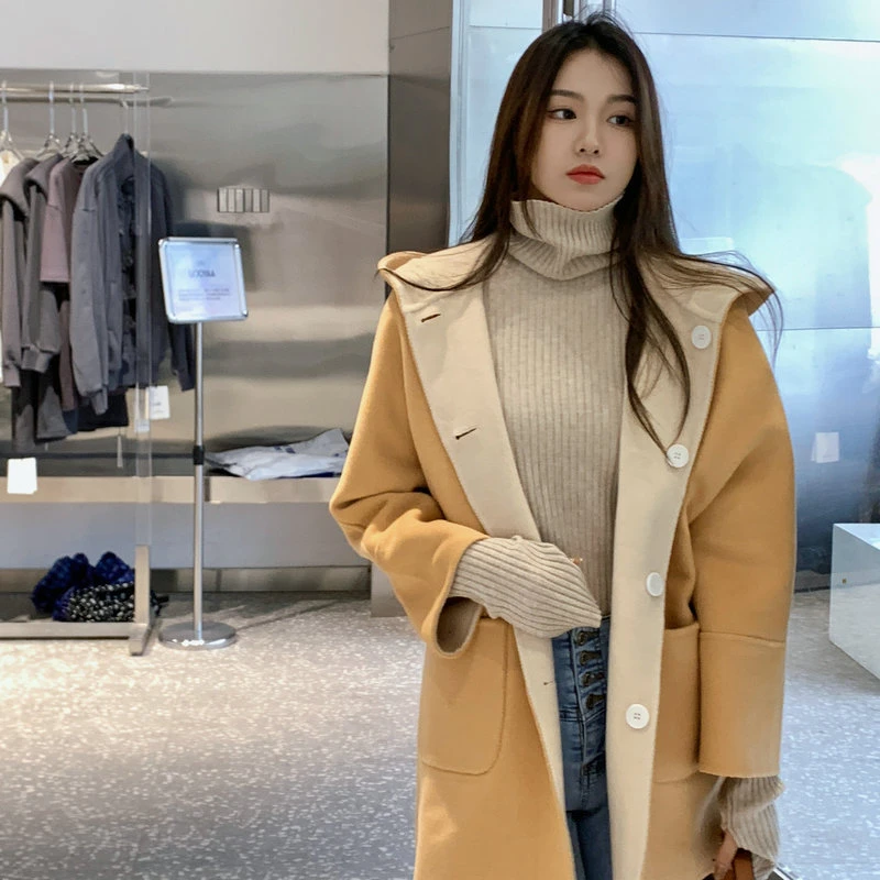 两面可穿小个子连帽双面羊绒大衣女2025秋冬纯羊毛毛呢外套小鸡黄