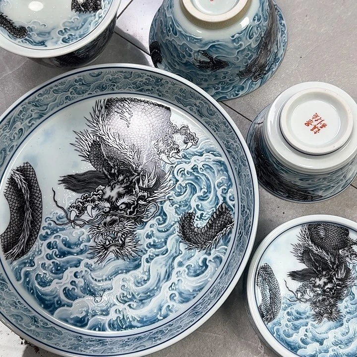 瓷片墨龙游海5件套景德镇