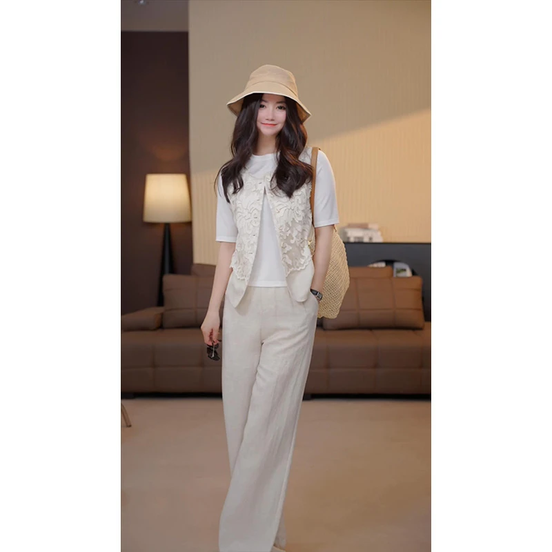 两件套轻奢高级提花马甲苎麻阔腿长裤国风设计感套装
