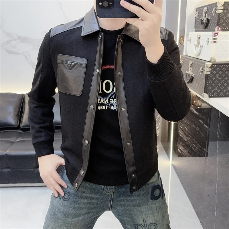 冰希欧意.名品绵羊皮外套男士仿口袋设计潮翻领夹克2025秋冬新款