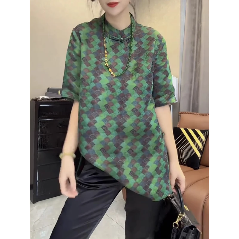 国风夏季新款复古盘扣印花短袖衬衫女宽松显瘦遮肚中长款大码上衣