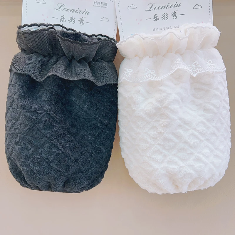 新款加厚毛绒袖套短款蕾丝花边套袖女冬季保暖羽绒服护袖洋气袖头