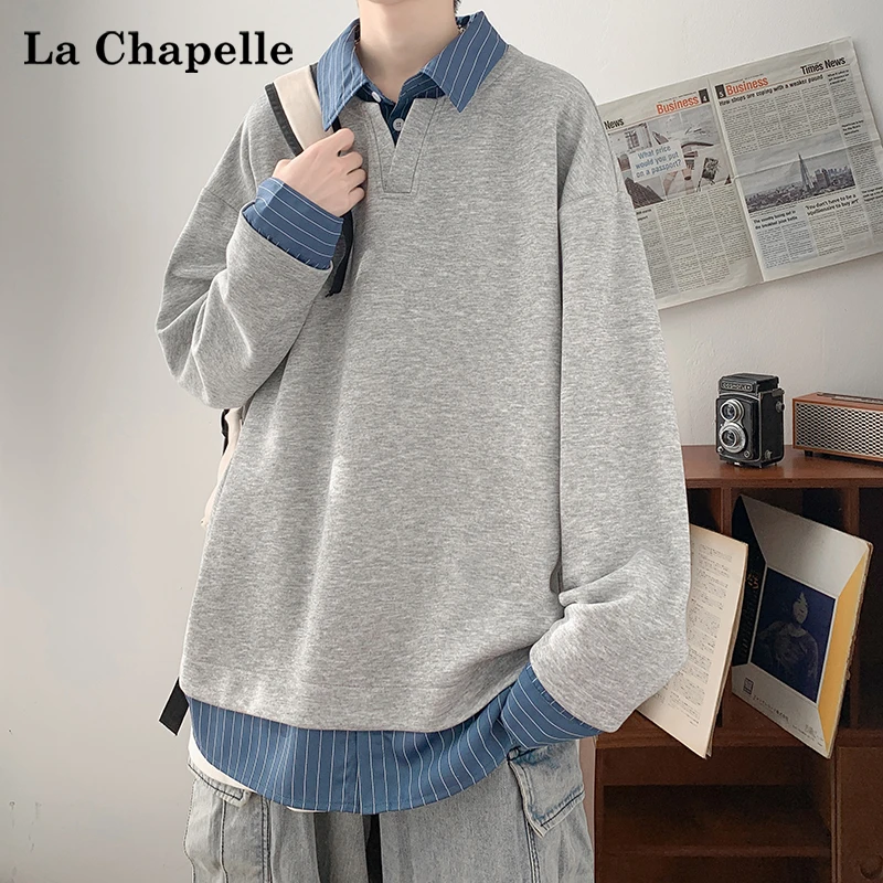 拉夏贝尔潮牌美式假两件卫衣男款2025春秋季新款衬衫领上衣服男装