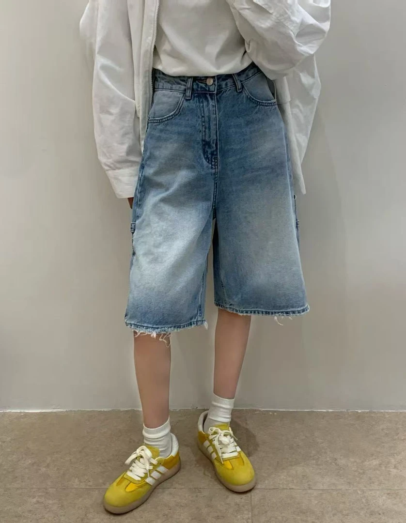 2025夏季新款牛仔六分裤高端欧货时尚高腰毛边牛仔短裤女休闲