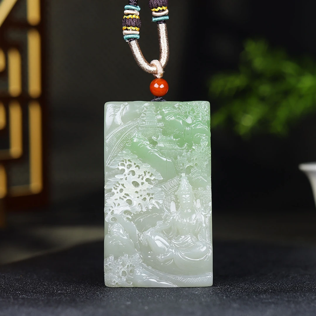 122330和田玉翠青观音把件牌