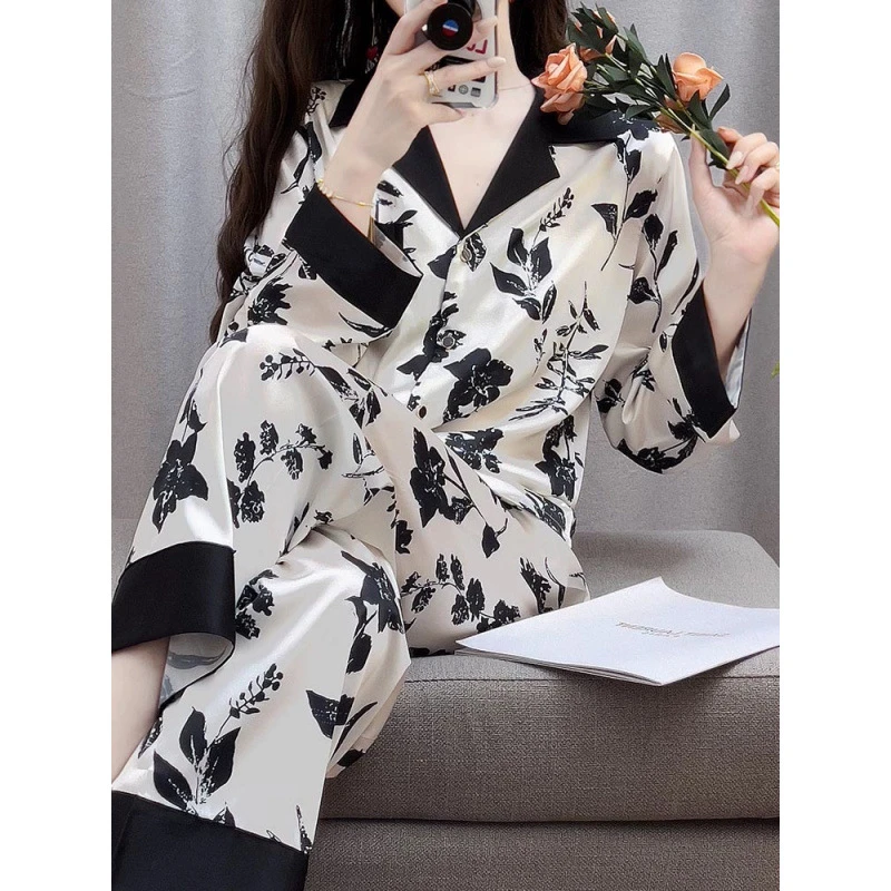 睡衣女春秋季冰丝长袖开衫长裤新款夏天凉感可爱秋冬