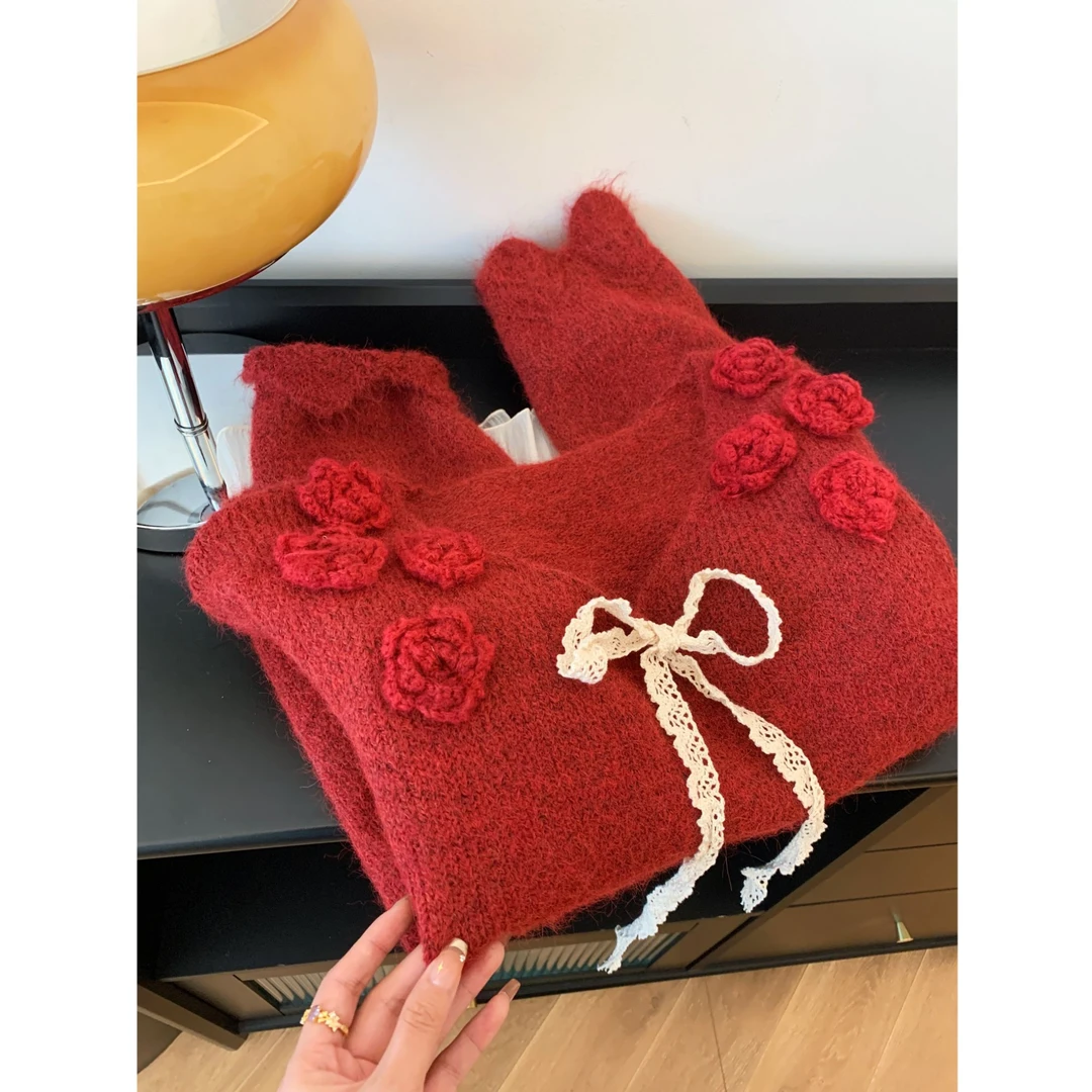 红色立体花朵套头针织打底衫内搭女秋冬可外穿高级毛衣慵懒版上衣