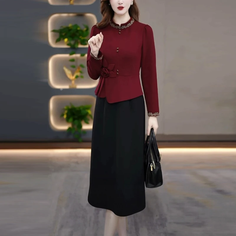 帛莱精纺洋气衣服女2025秋季新款红色气质显瘦拼接假两件连衣裙子