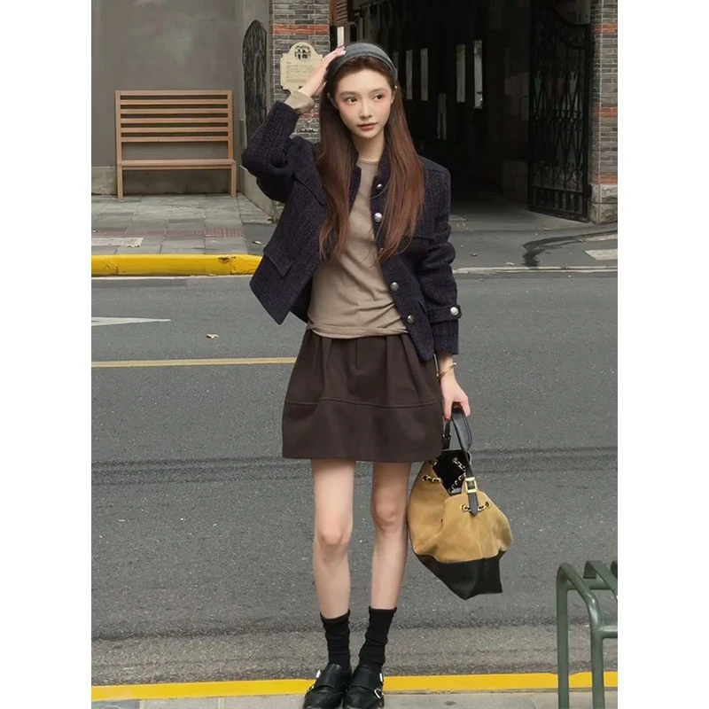 2025秋季新款法式高级感修身长袖外套内搭圆领上衣高腰显瘦半身裙