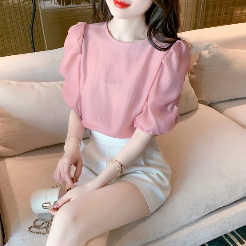 夏季新款泡泡袖气质小众粉色荷叶边短袖上衣雪纺衫衬衫短款小衫女