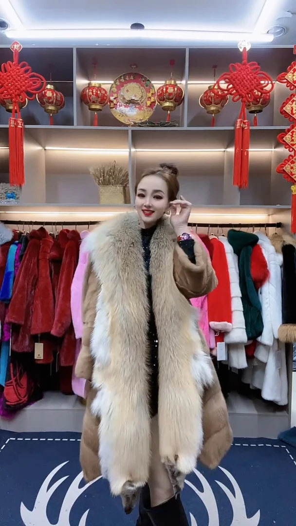 貂皮大衣女整貂中长款狐狸毛领时尚大气天鹅绒水貂皮草海宁