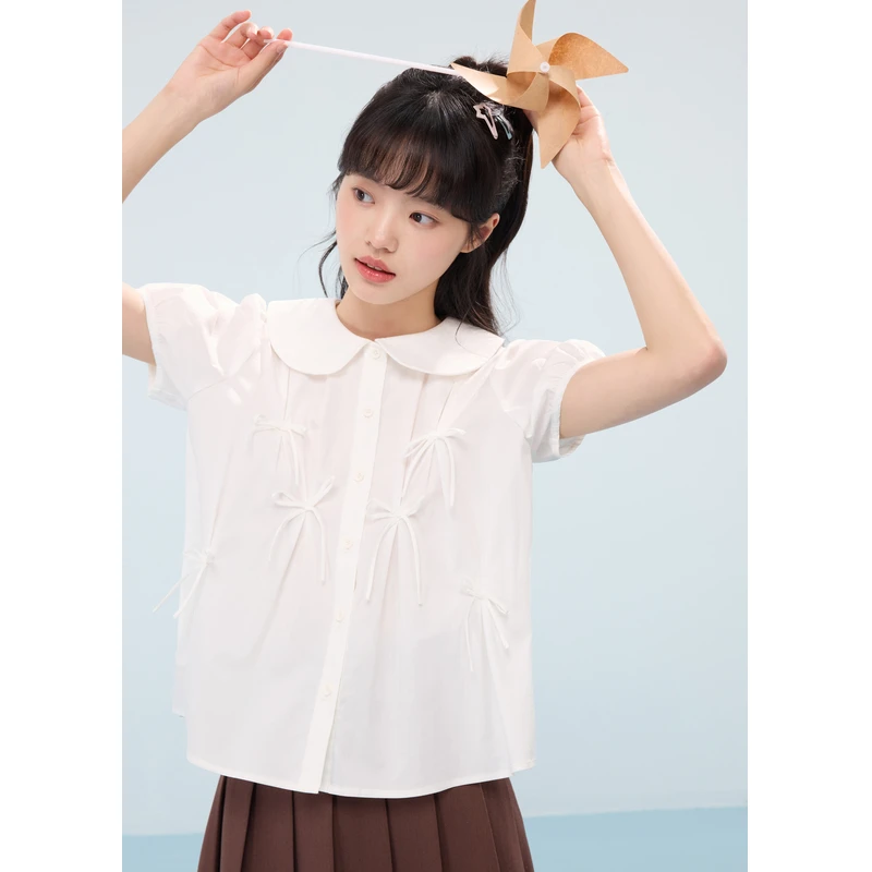 紫涵娃娃领短袖衬衫女2025年夏季新款甜美蝴蝶结衬衣Z5Z04BS304