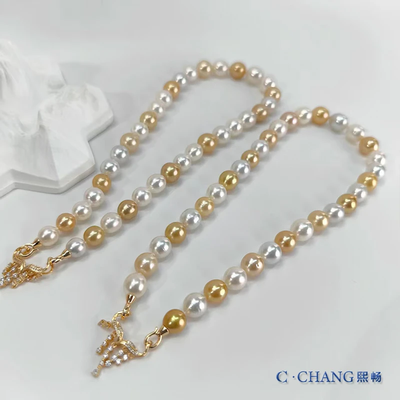【白蝶皇后】海水珍珠澳白+金珠项链S925银9-12mm高级款【畅太定制】