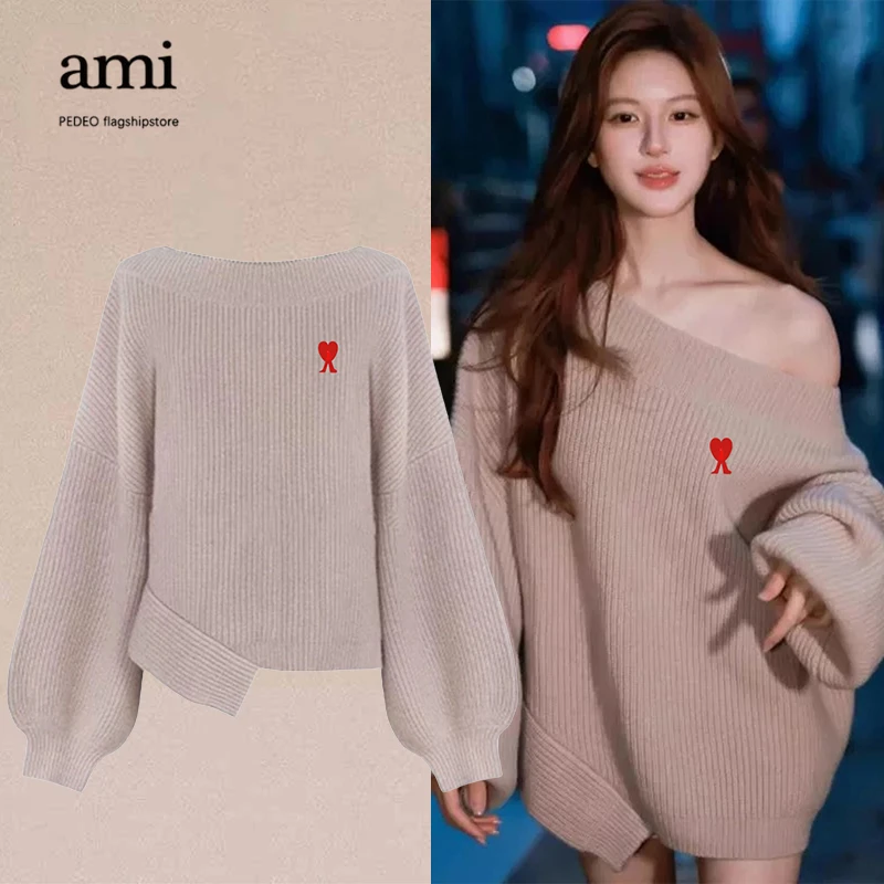AMI PEDEO官方正品斜肩毛衣女秋宽松慵懒不规则一字肩针织衫上衣