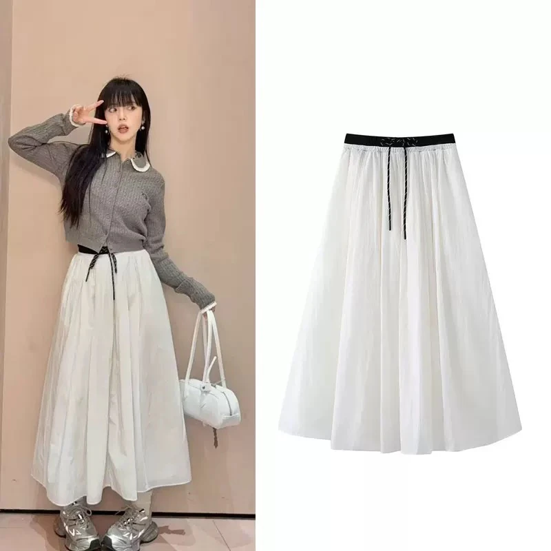 【0211】2025春季新款抽绳松紧腰中长款白色伞裙半身裙a字裙女