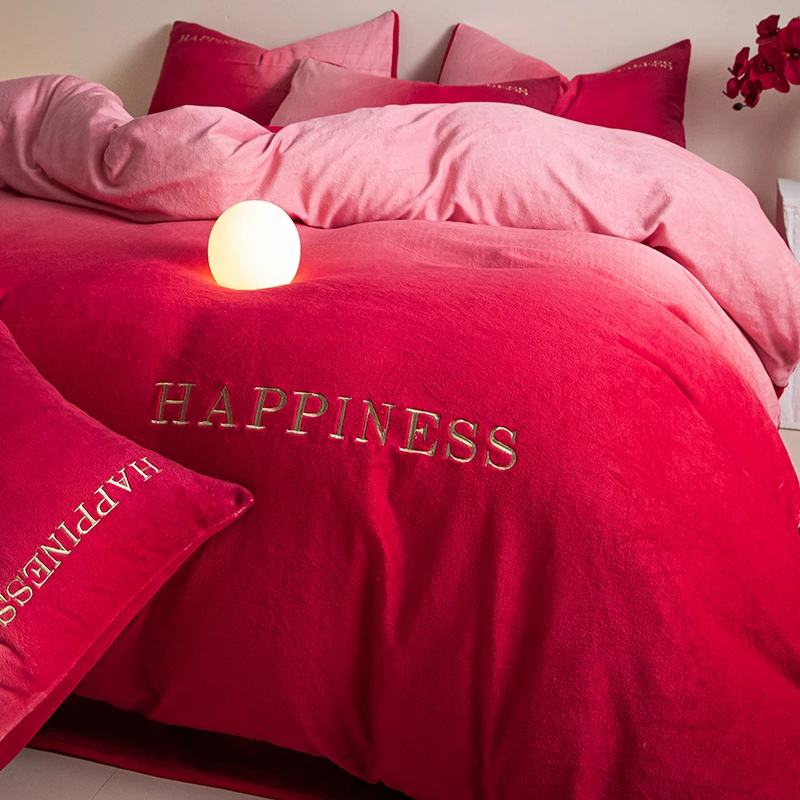 高级感婚庆牛奶绒四件套冬季喜庆红色绒被套床单结婚陪嫁床上用品