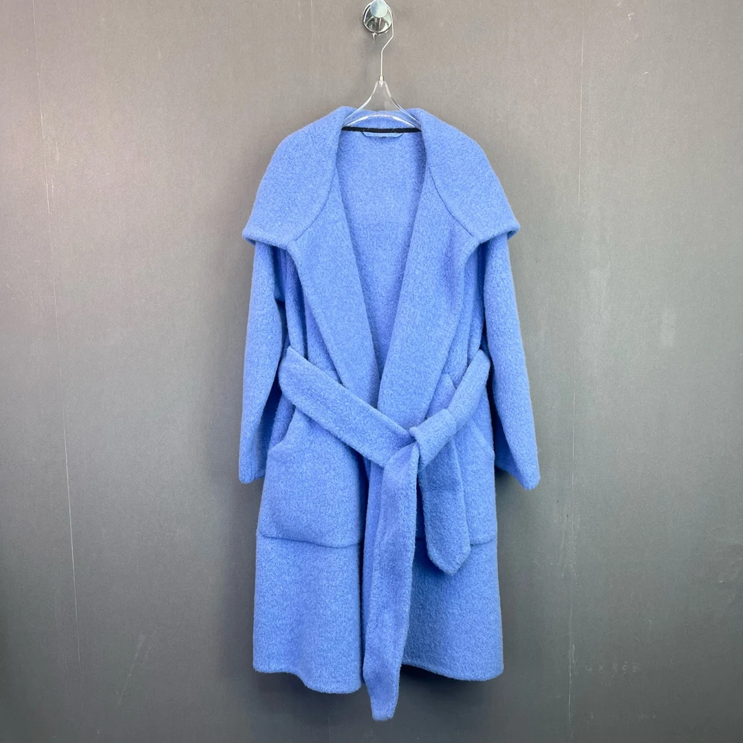全新未使用 BURBERRY/博柏利 40码/蓝色羊毛腰带大衣/11674620